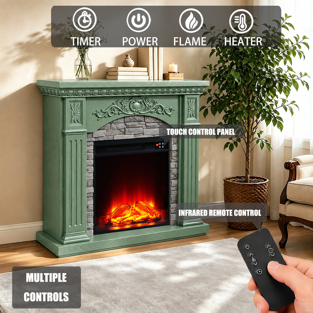 Festivo FFP26235 42.32" Vintage Carved-Look MGO Electric Fireplace Mantel with 23" Insert, Realistic Log & Flame Effect, Remote Control & Timer, Green