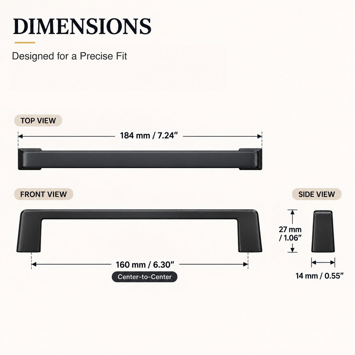 FESTIVO LF8278-160MB 7.24" Zinc Alloy Matte Black Cabinet Handles Pulls, Bar-Shape Two-Holes 5 Packs