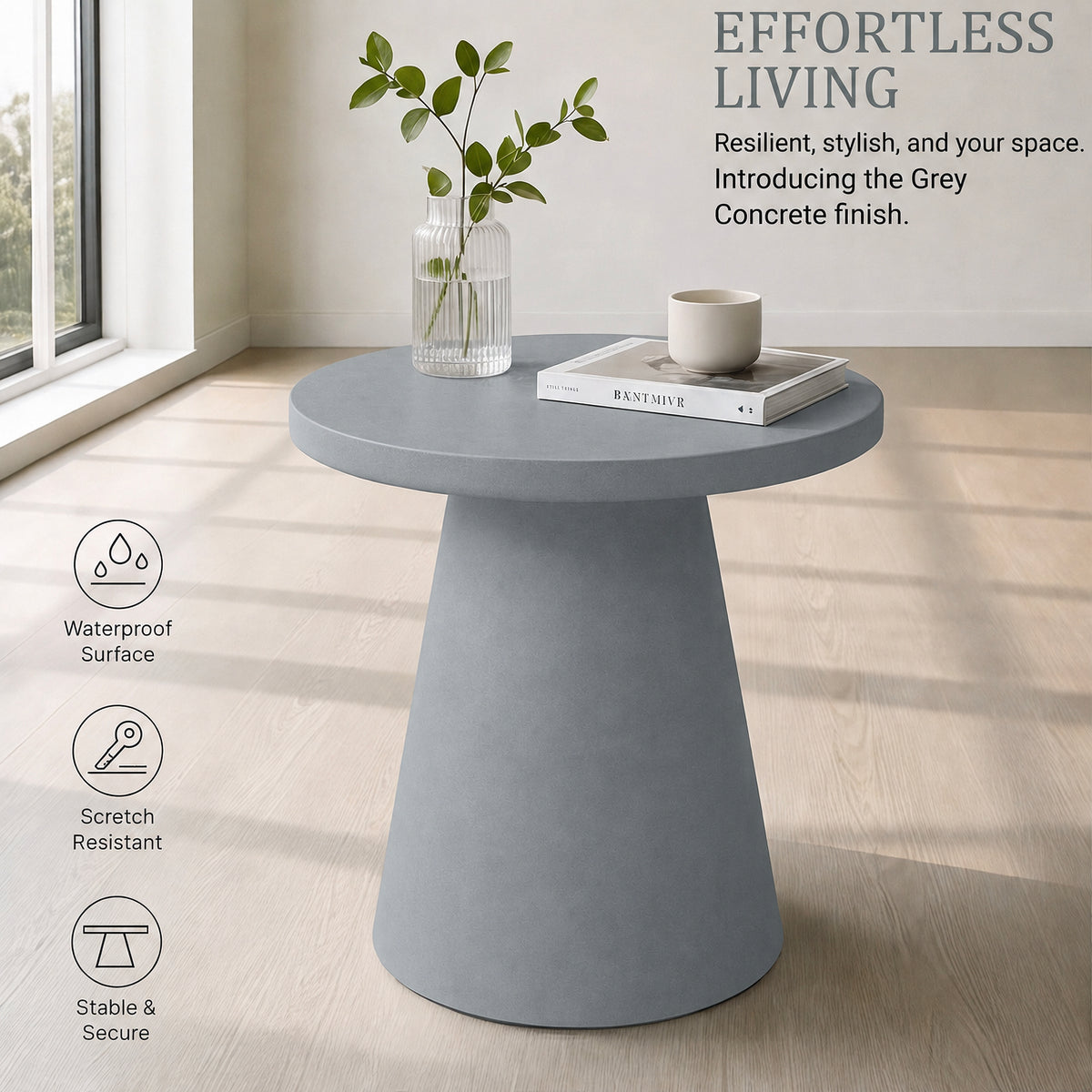 Festivo FST26151 22.83" Round Pedestal MGO Side/End Table with a Natural Stone-Look Finish-Cement Gray