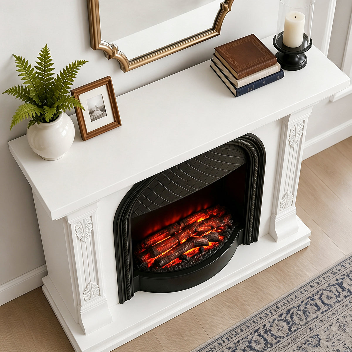 Festivo FFP26091 38.58" Stone Column MGO Electric Fireplace Mantel with 20" Black Arched Insert, Realistic Log & Flame Effect, Remote Control & Timer, White