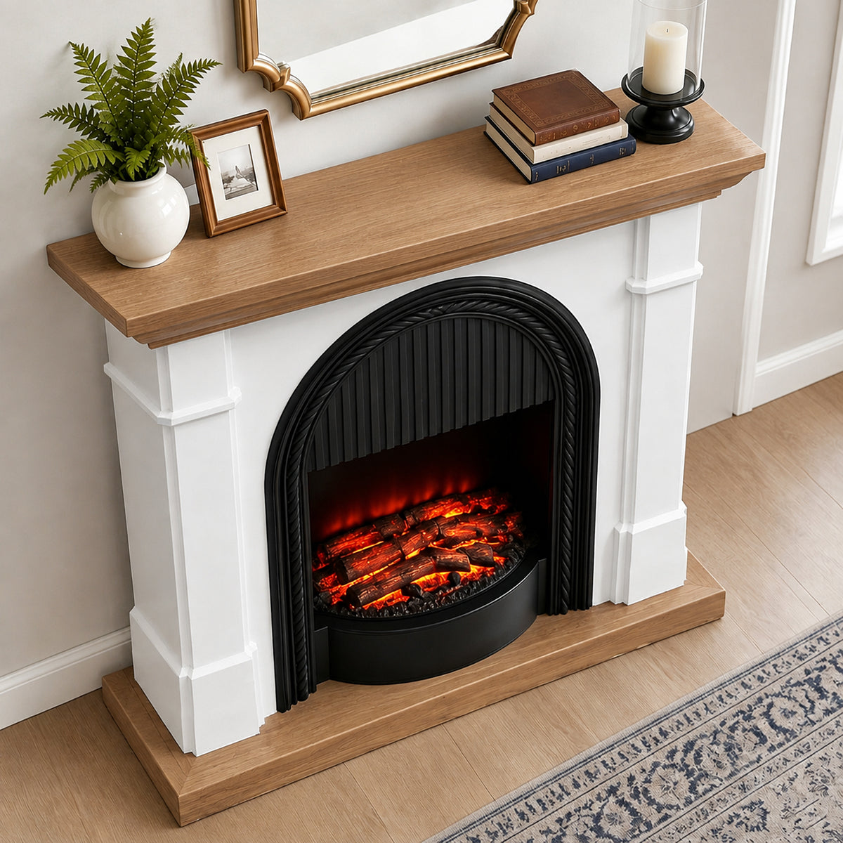 Festivo FFP26101 38.58" Stone Column MGO Electric Fireplace Mantel with 20" Black Arched Insert, Realistic Log & Flame Effect, Remote Control & Timer, White Oak