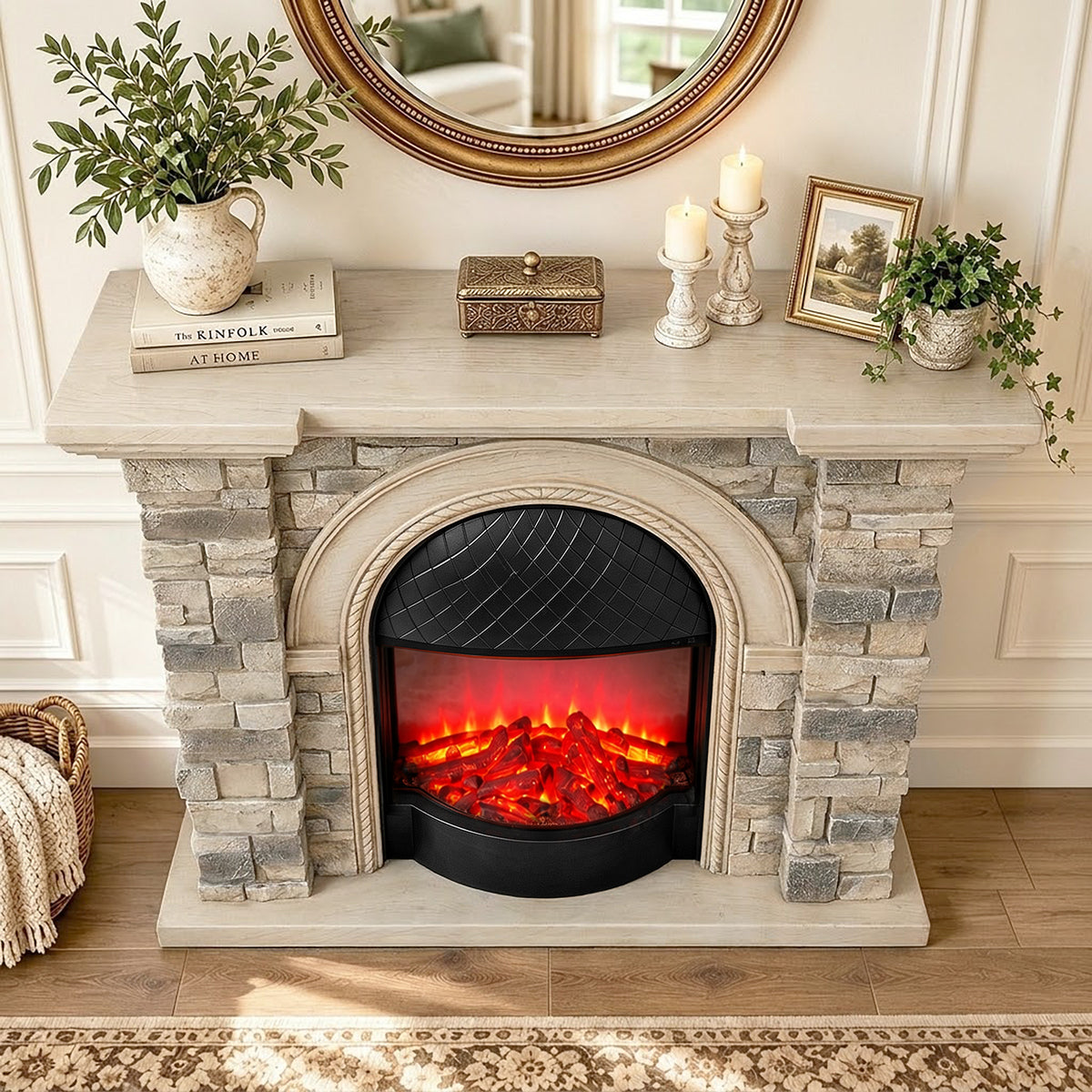Festivo FFP26083 43.31" Stone Brick-Look MGO Electric Fireplace Mantel with 20" Arched Insert, Realistic Log & Flame Effect, Remote Control & Timer, Cream Beige