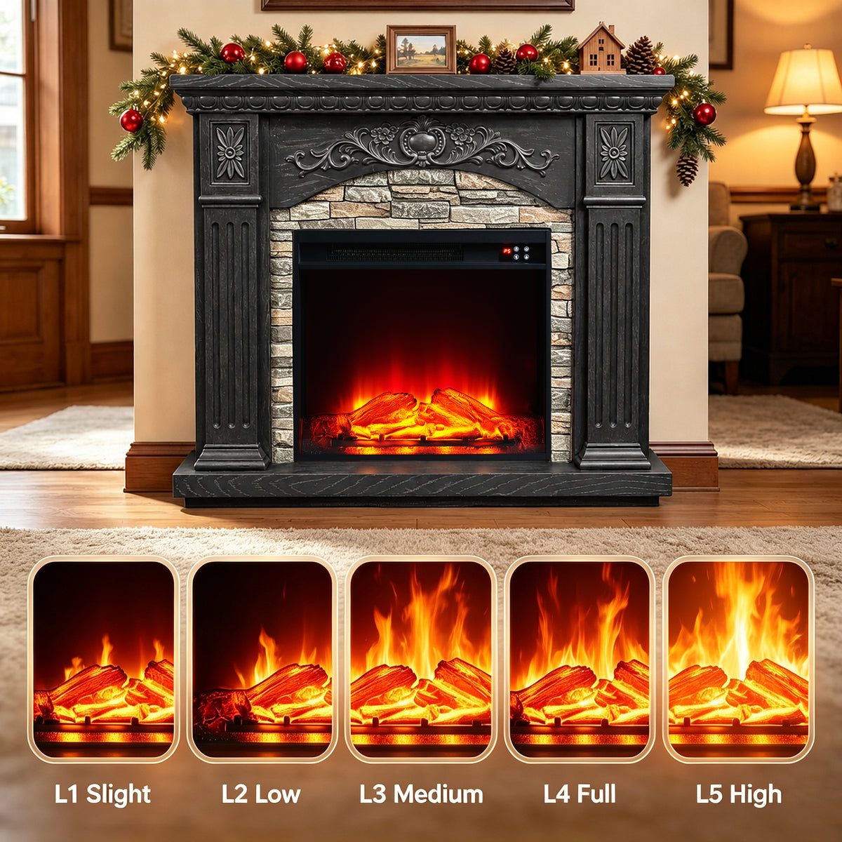 Festivo FFP26236 42.32" Vintage Carved-Look MGO Electric Fireplace Mantel with 23" Insert, Realistic Log & Flame Effect, Remote Control & Timer, Black