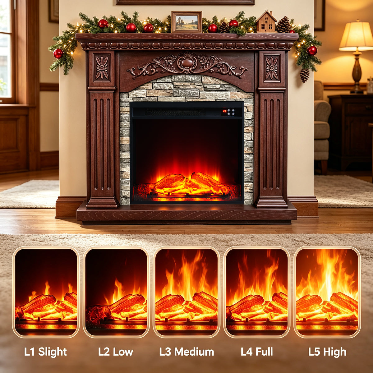 Festivo FFP26232 42.32" Vintage Carved-Look MGO Electric Fireplace Mantel with 23" Insert, Realistic Log & Flame Effect, Remote Control & Timer, Brown
