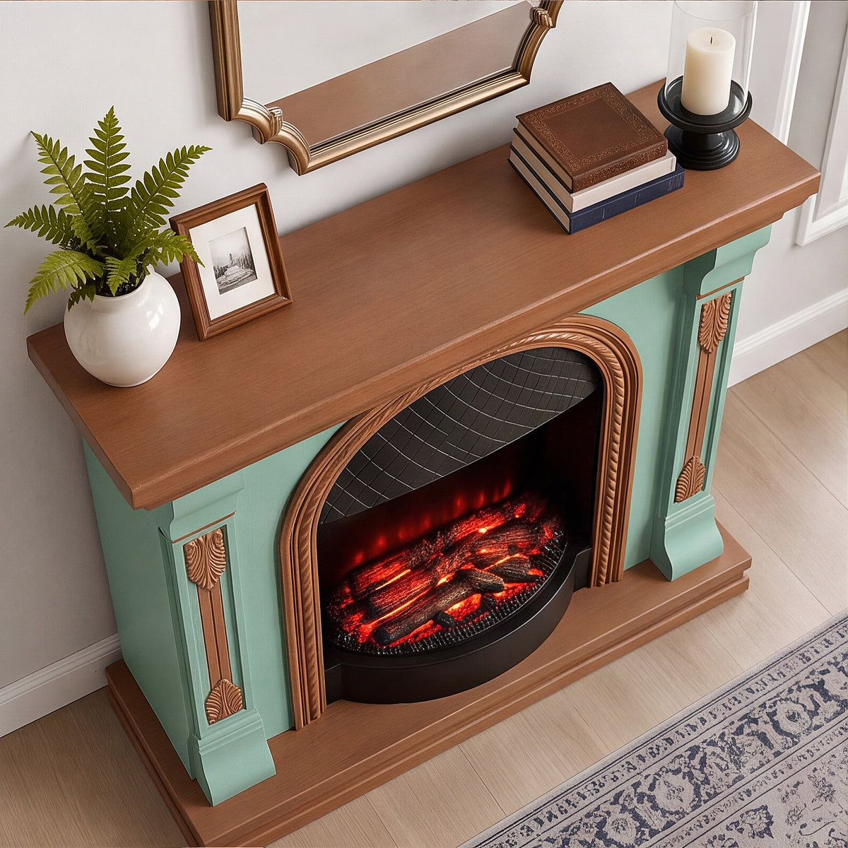 Festivo FFP26093 38.58" Stone Column MGO Electric Fireplace Mantel with 20" Black Arched Insert, Realistic Log & Flame Effect, Remote Control & Timer, Sage Green & Warm Oak