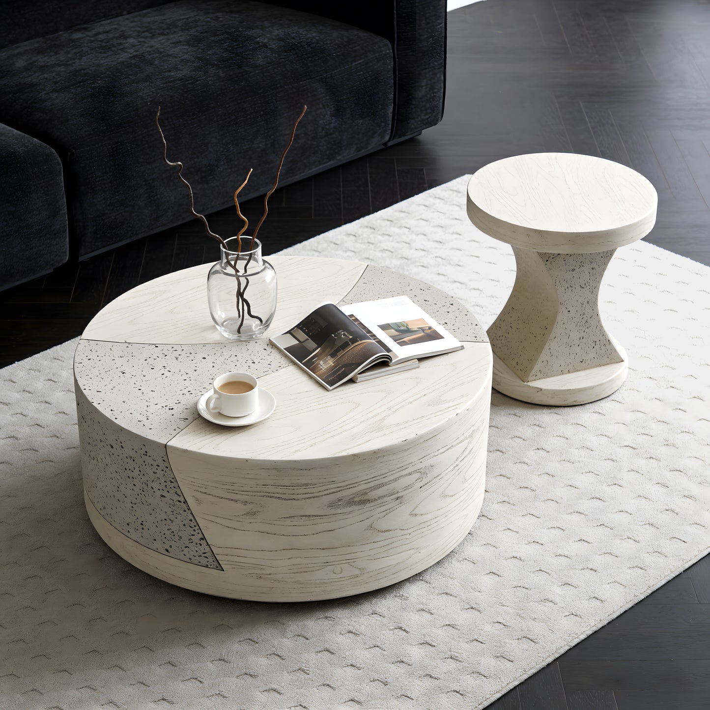 Festivo FST25131, FST25141 Round MGO Coffee & Side Table Set with a Natural Stone & Wood-Look Finish-Ivory Oak Travertine
