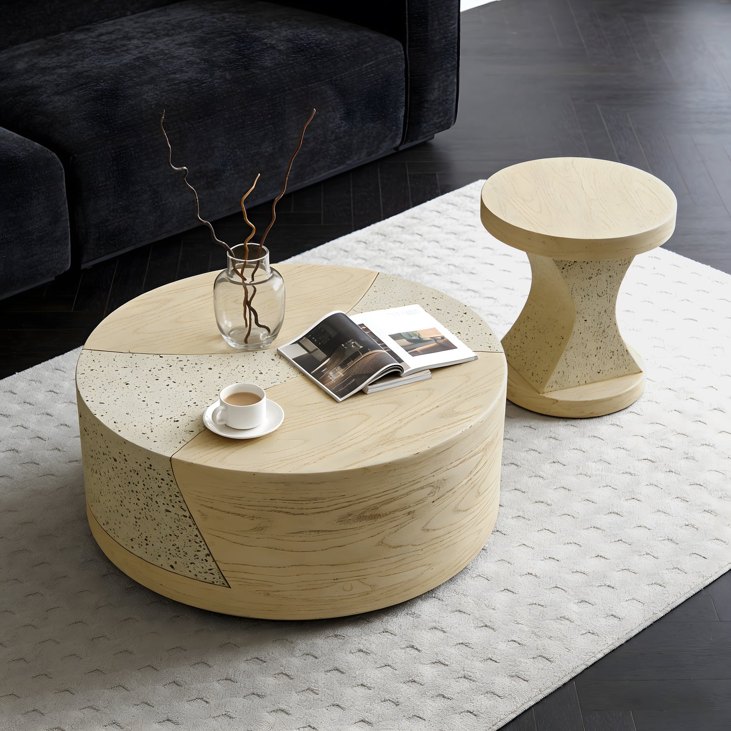Festivo FST25132, FST25142 Round MGO Coffee & Side Table Set with a Natural Stone & Wood-Look Finish-Sahara Oak Travertine