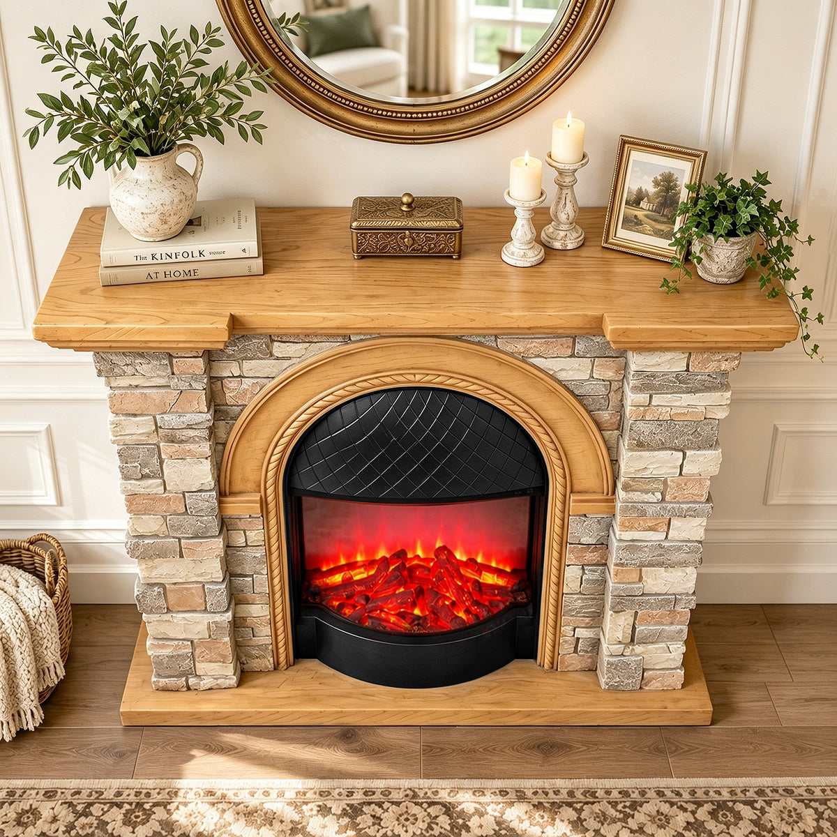 Festivo FFP26081 43.31" Stone Brick-Look MGO Electric Fireplace Mantel with 20" Arched Insert, Realistic Log & Flame Effect, Remote Control & Timer, Tan/Honey Oak