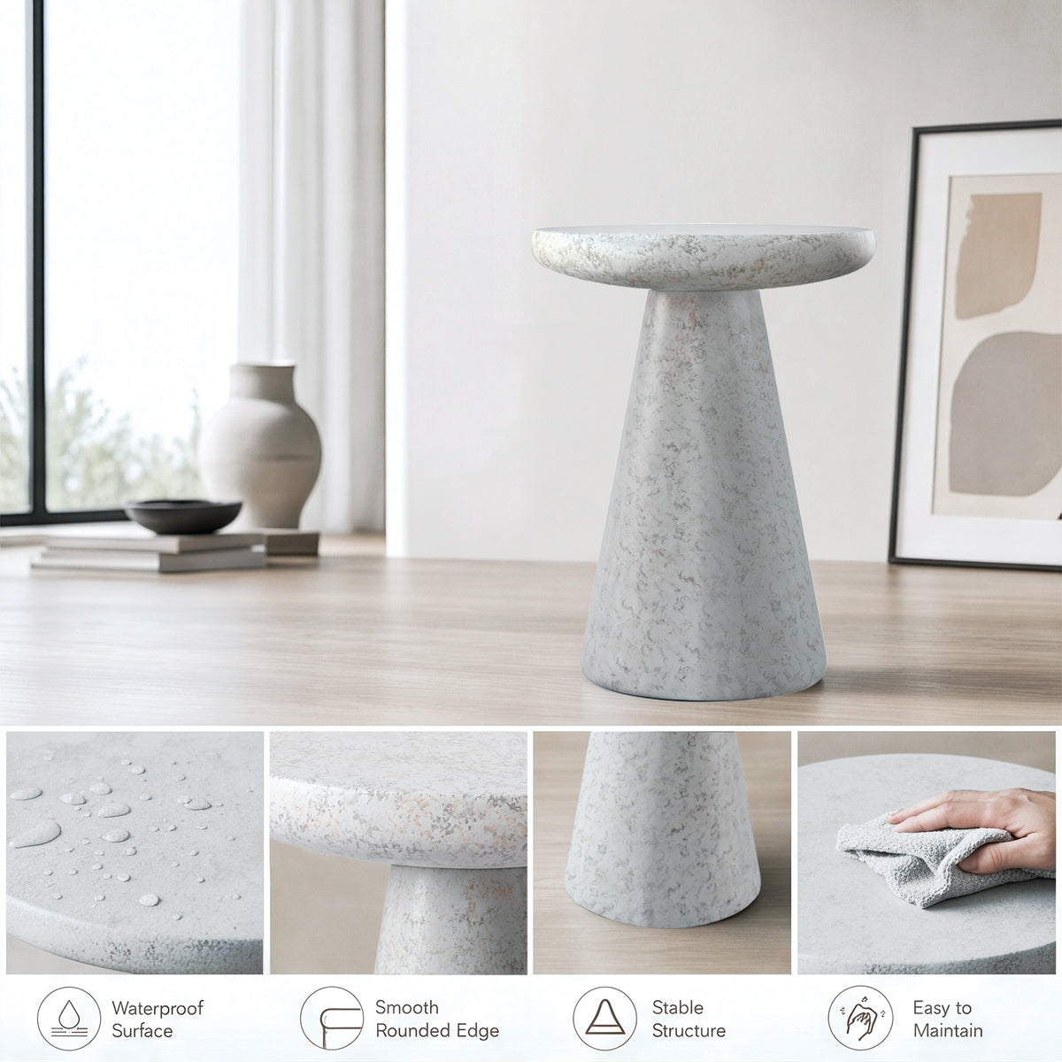 Festivo FST26162 16.14" Round Pedestal MGO Side/End Table with a Natural Stone-Look Finish-Cloud Ceramic White