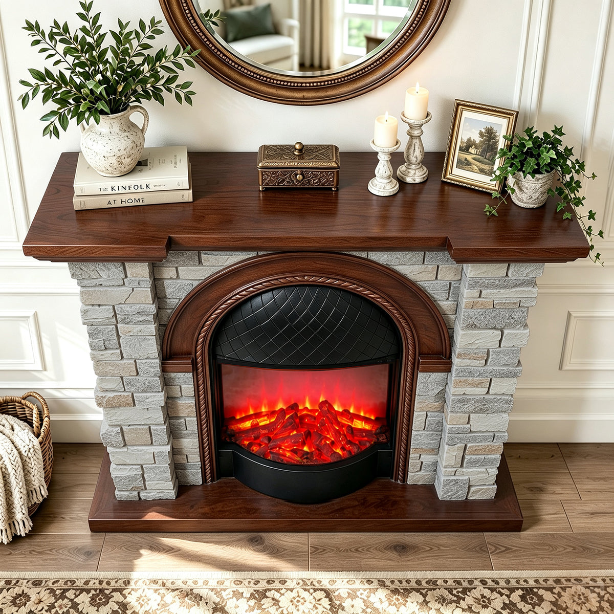 Festivo FFP26082 43.31" Stone Brick-Look MGO Electric Fireplace Mantel with 20" Arched Insert, Realistic Log & Flame Effect, Remote Control & Timer, Grey & Brown