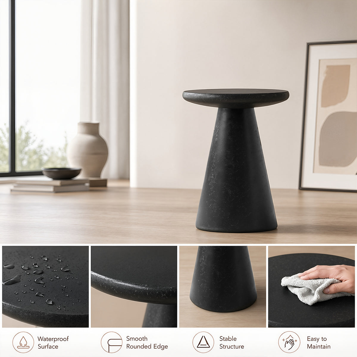 Festivo FST26161 16.14" Round Pedestal MGO Side/End Table with a Natural Stone-Look Finish-Gloss Ceramic Black