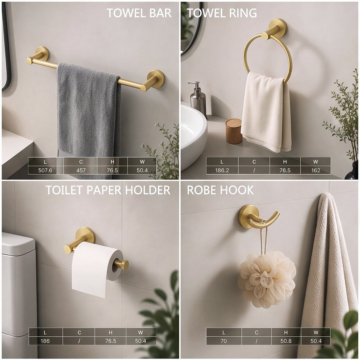 FESTIVO LF359 Brushed Golden Brass 4-Piece Bathroom Hardware Set, 18-Inch Towel Bar, Double Robe Hook, Toilet Paper Holder, Towel Ring, Wall-Mounted Bathroom Towel Rack Accessories Set