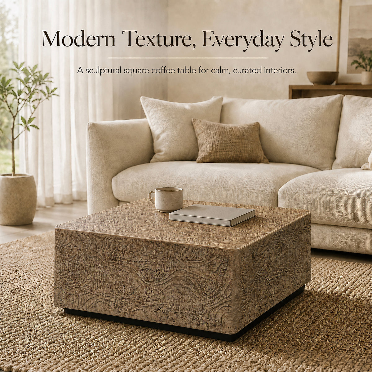 Festivo FCT26222 28" Square MGO Coffee Table with a Natural Stone-Look Finish-Warm Brown Burl