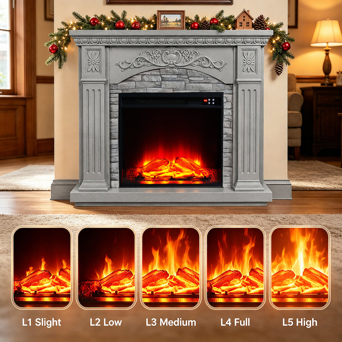 Festivo FFP26233 42.32" Vintage Carved-Look MGO Electric Fireplace Mantel with 23" Insert, Realistic Log & Flame Effect, Remote Control & Timer, Grey