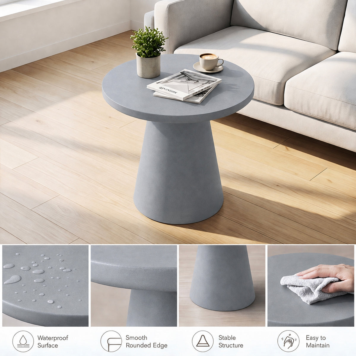 Festivo FST26151 22.83" Round Pedestal MGO Side/End Table with a Natural Stone-Look Finish-Cement Gray