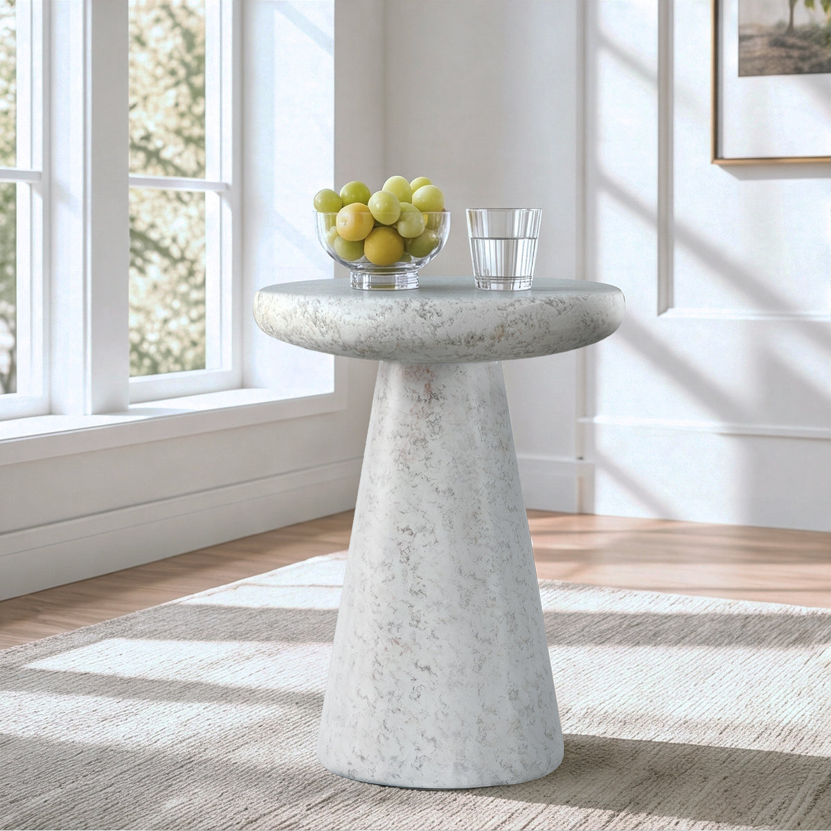 Festivo FST26162 16.14" Round Pedestal MGO Side/End Table with a Natural Stone-Look Finish-Cloud Ceramic White
