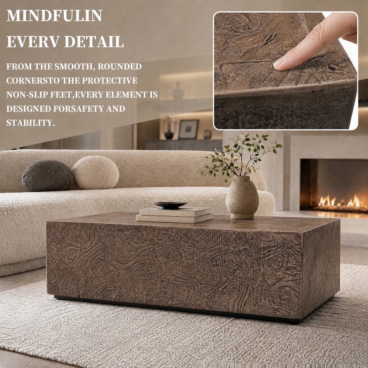 Festivo FCT26212 40" Rectangular MGO Coffee Table with a Natural Stone Burl-Look Finish-Warm Brown Burl