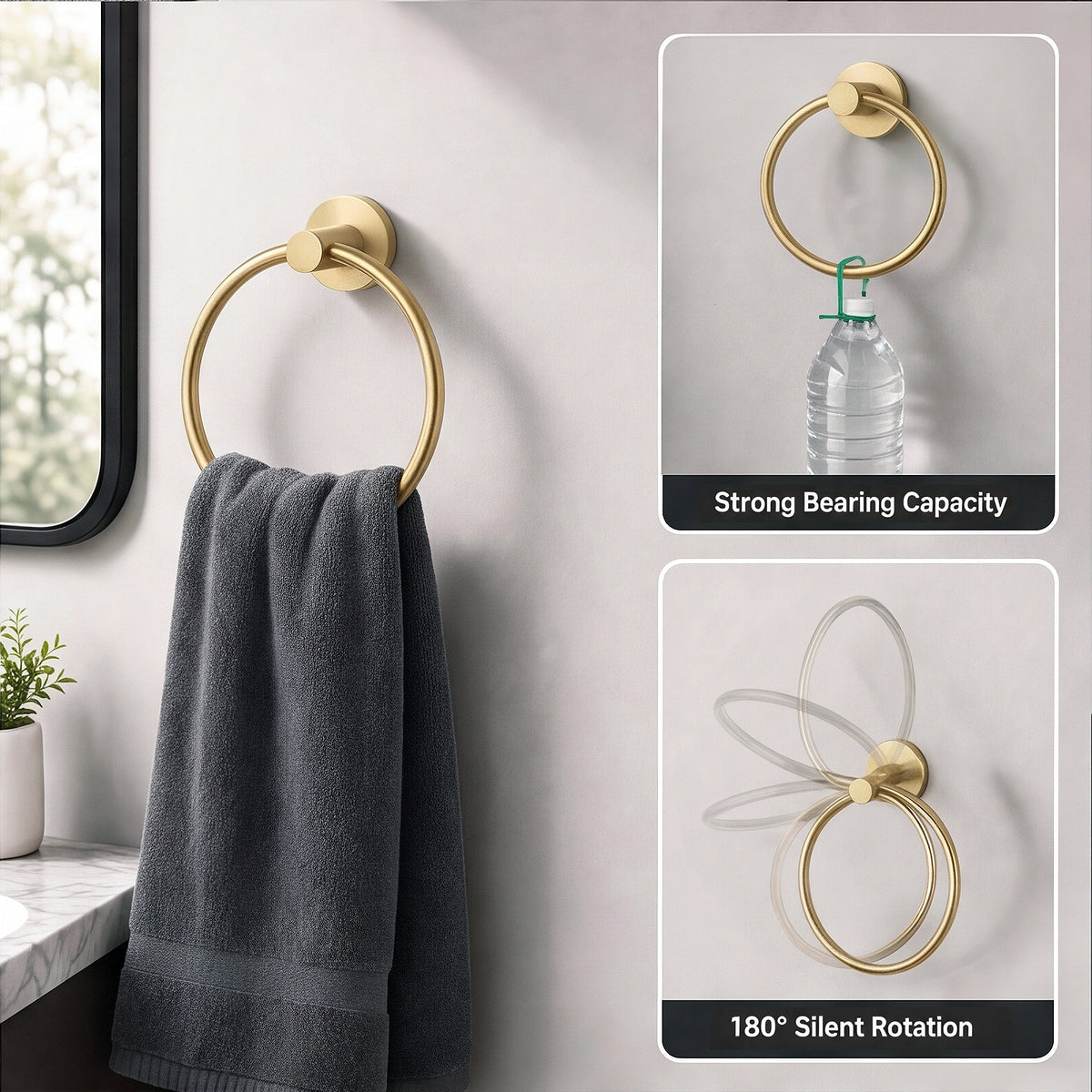 FESTIVO LF359 Brushed Golden Brass 4-Piece Bathroom Hardware Set, 18-Inch Towel Bar, Double Robe Hook, Toilet Paper Holder, Towel Ring, Wall-Mounted Bathroom Towel Rack Accessories Set