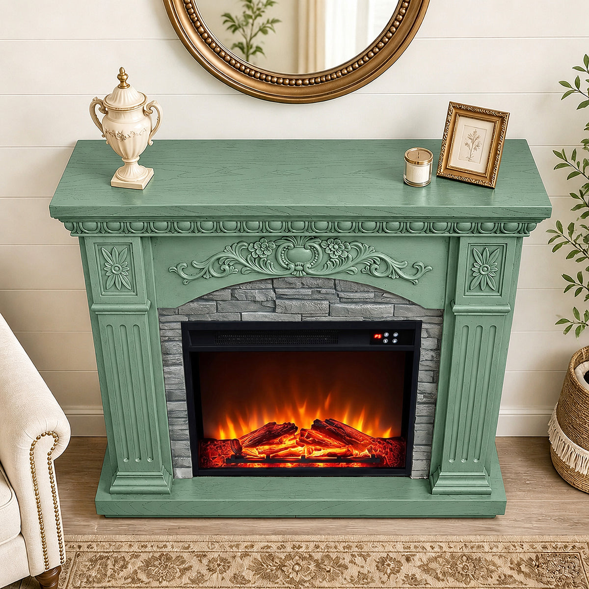 Festivo FFP26235 42.32" Vintage Carved-Look MGO Electric Fireplace Mantel with 23" Insert, Realistic Log & Flame Effect, Remote Control & Timer, Green