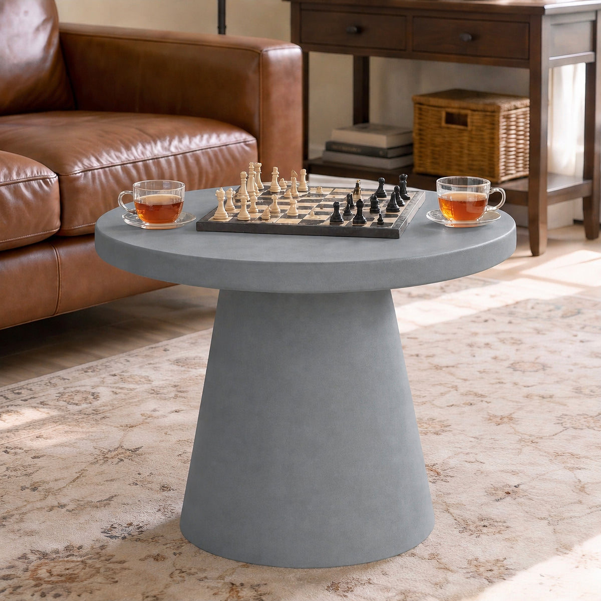 Festivo FST26151 22.83" Round Pedestal MGO Side/End Table with a Natural Stone-Look Finish-Cement Gray