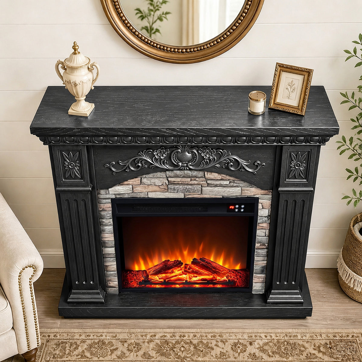 Festivo FFP26236 42.32" Vintage Carved-Look MGO Electric Fireplace Mantel with 23" Insert, Realistic Log & Flame Effect, Remote Control & Timer, Black