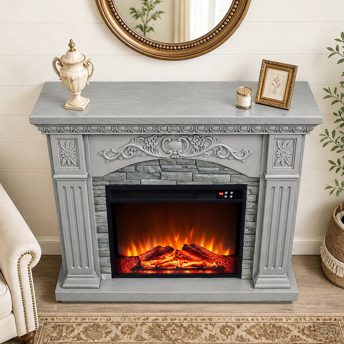 Festivo FFP26233 42.32" Vintage Carved-Look MGO Electric Fireplace Mantel with 23" Insert, Realistic Log & Flame Effect, Remote Control & Timer, Grey