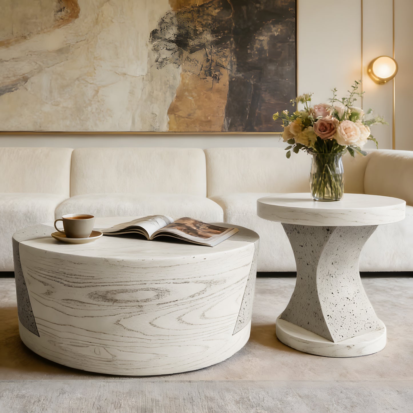 Festivo FST25131, FST25141 Round MGO Coffee & Side Table Set with a Natural Stone & Wood-Look Finish-Ivory Oak Travertine