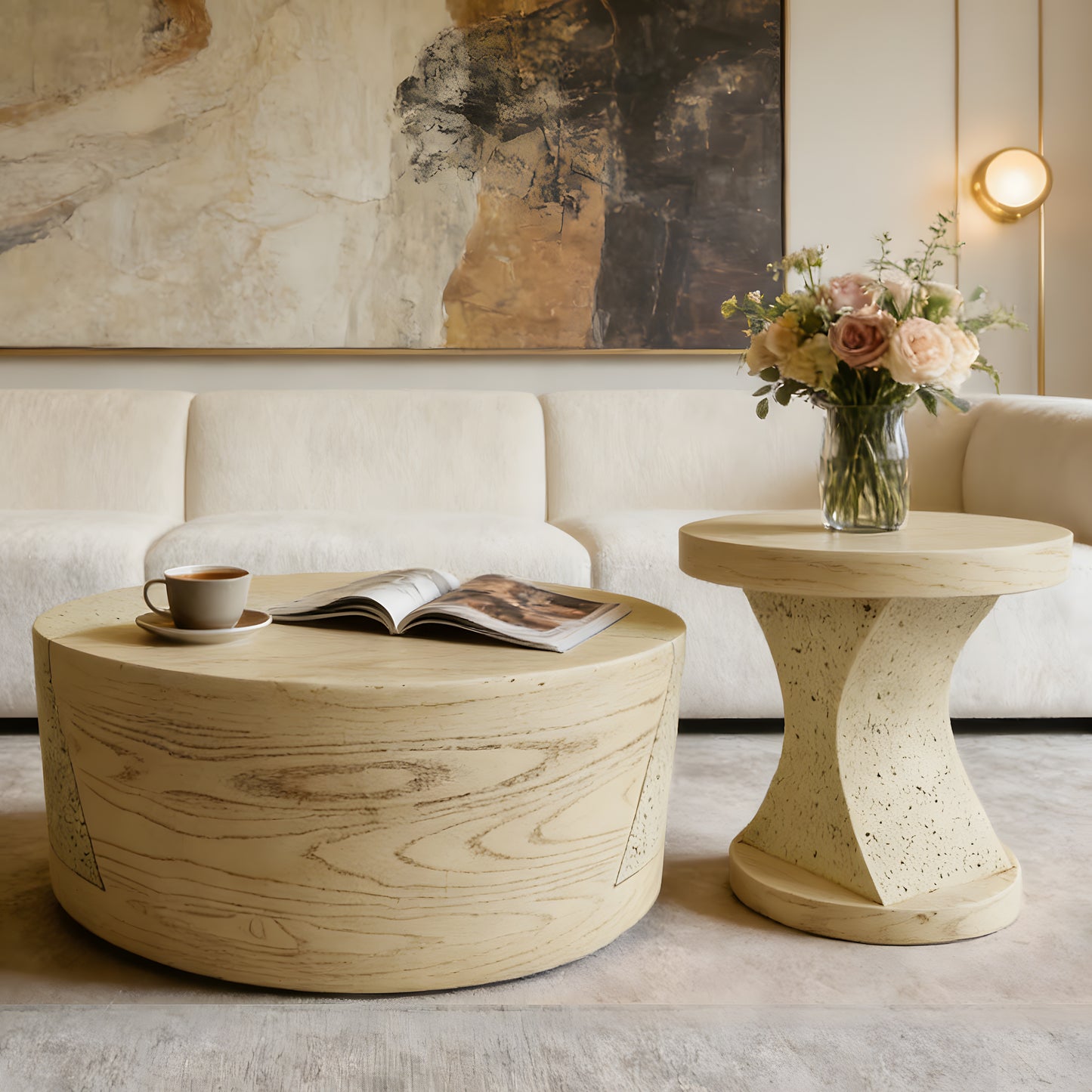 Festivo FST25132, FST25142 Round MGO Coffee & Side Table Set with a Natural Stone & Wood-Look Finish-Sahara Oak Travertine