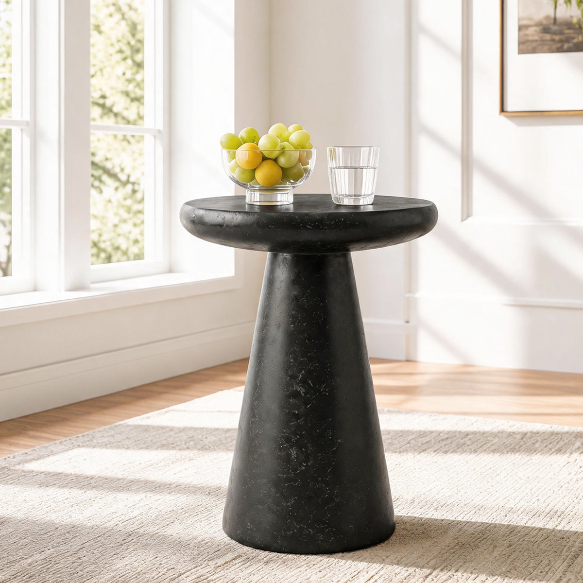 Festivo FST26161 16.14" Round Pedestal MGO Side/End Table with a Natural Stone-Look Finish-Gloss Ceramic Black