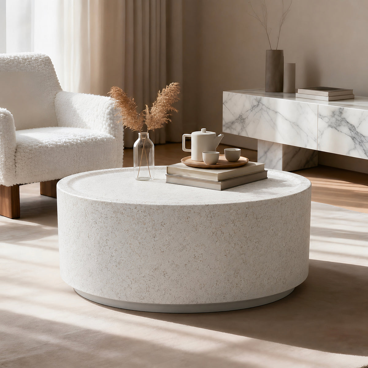 Festivo FCT26131 28" Round MGO Coffee Table with a Natural Stone Marble-Look Finish-Cloud Ceramic White