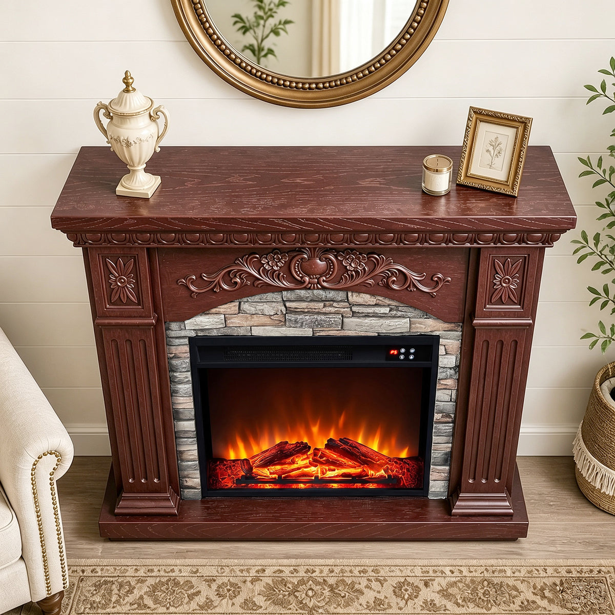 Festivo FFP26232 42.32" Vintage Carved-Look MGO Electric Fireplace Mantel with 23" Insert, Realistic Log & Flame Effect, Remote Control & Timer, Brown