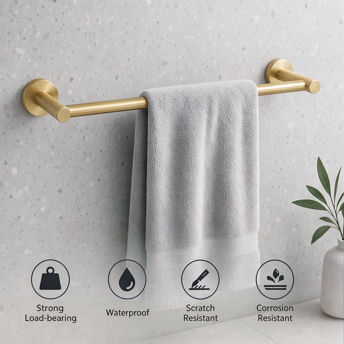 FESTIVO LF359 Brushed Golden Brass 4-Piece Bathroom Hardware Set, 18-Inch Towel Bar, Double Robe Hook, Toilet Paper Holder, Towel Ring, Wall-Mounted Bathroom Towel Rack Accessories Set