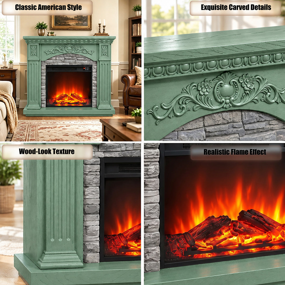 Festivo FFP26235 42.32" Vintage Carved-Look MGO Electric Fireplace Mantel with 23" Insert, Realistic Log & Flame Effect, Remote Control & Timer, Green
