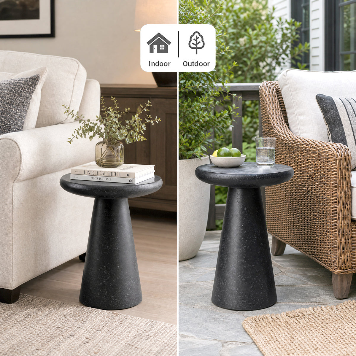 Festivo FST26161 16.14" Round Pedestal MGO Side/End Table with a Natural Stone-Look Finish-Gloss Ceramic Black