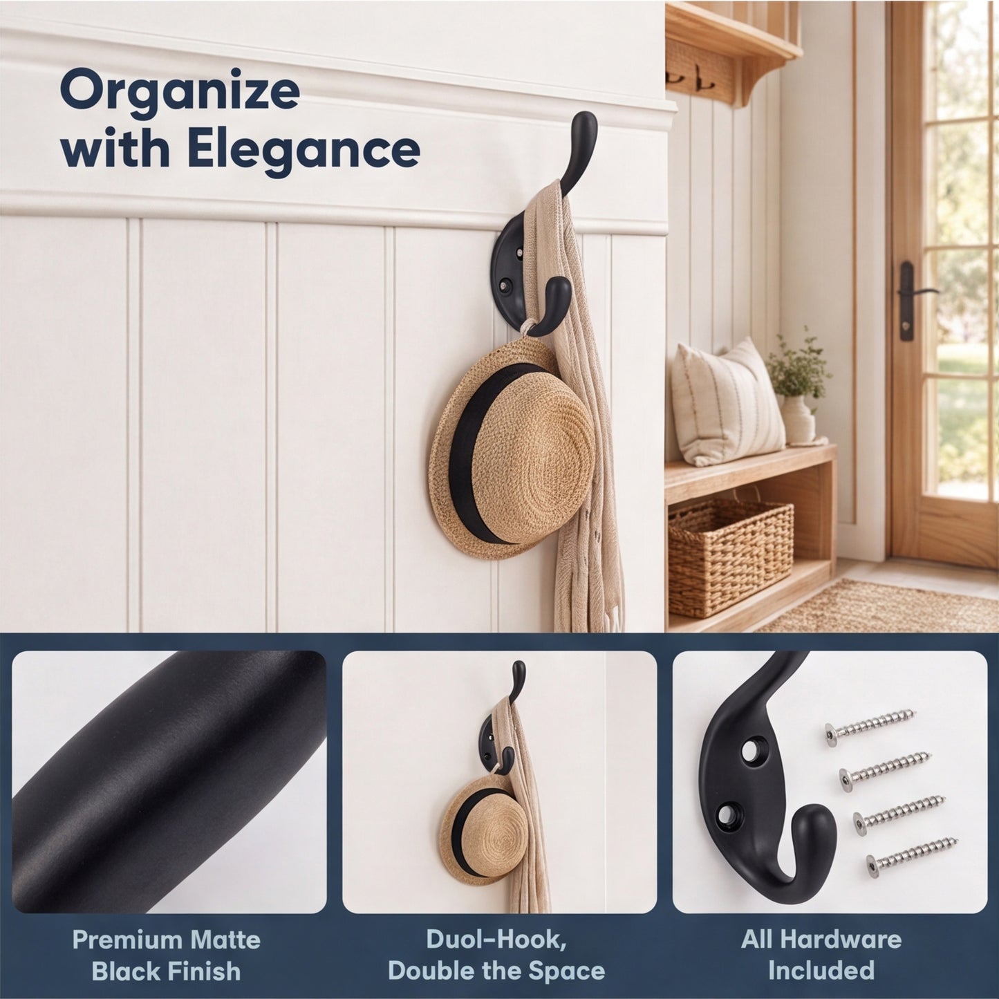 FESTIVITY LF6003MB-Matte Black 5 Pack Premium Aluminum Alloy Coat Dual Hooks