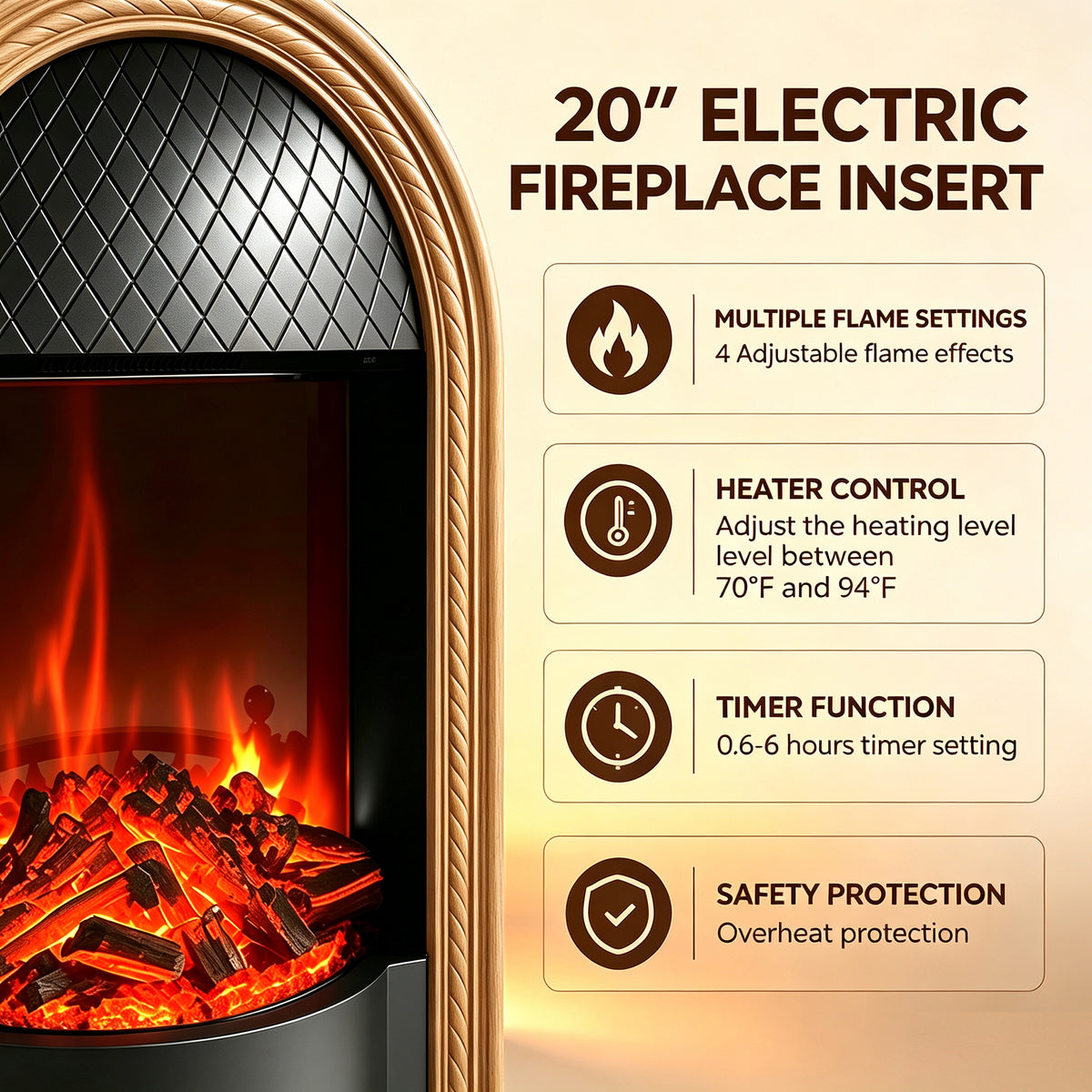Festivo FFP26092 38.58" Stone Column MGO Electric Fireplace Mantel with 20" Black Arched Insert, Realistic Log & Flame Effect, Remote Control & Timer, White & Honey Oak