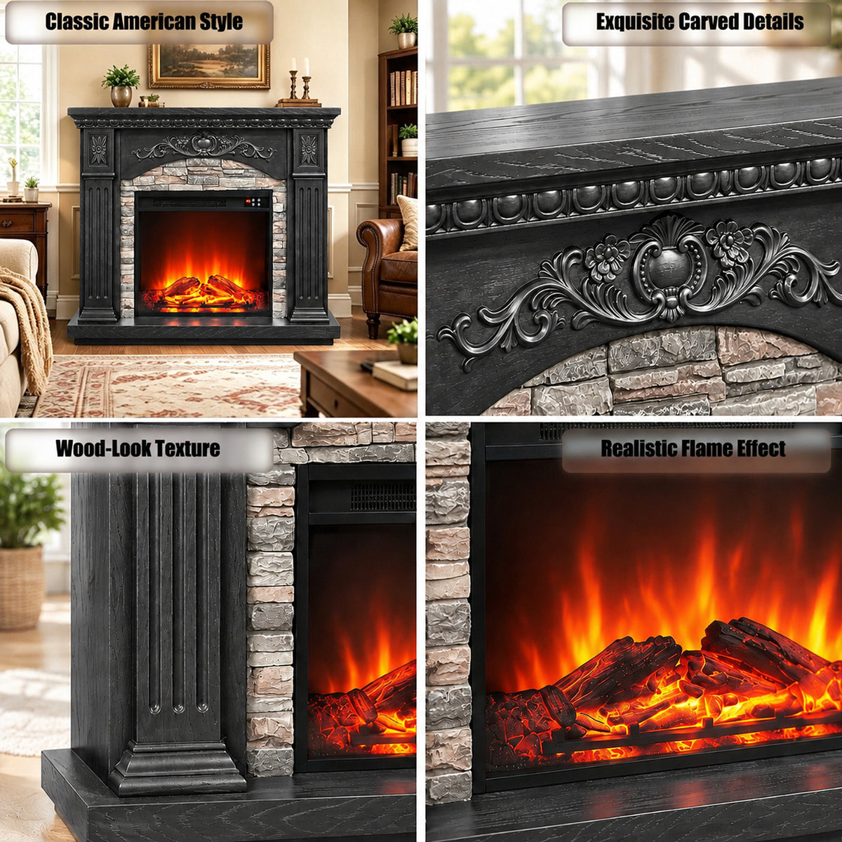 Festivo FFP26236 42.32" Vintage Carved-Look MGO Electric Fireplace Mantel with 23" Insert, Realistic Log & Flame Effect, Remote Control & Timer, Black