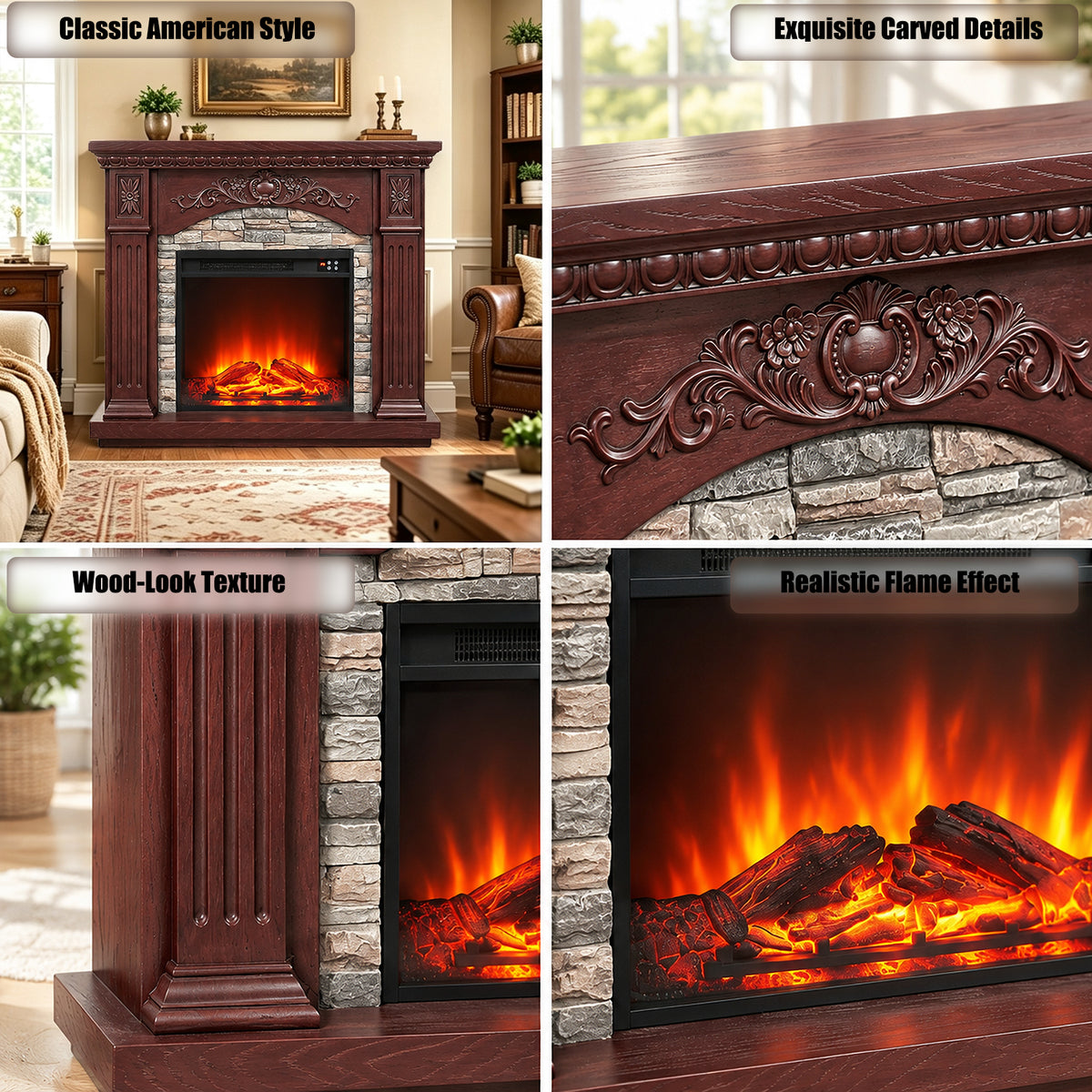 Festivo FFP26232 42.32" Vintage Carved-Look MGO Electric Fireplace Mantel with 23" Insert, Realistic Log & Flame Effect, Remote Control & Timer, Brown