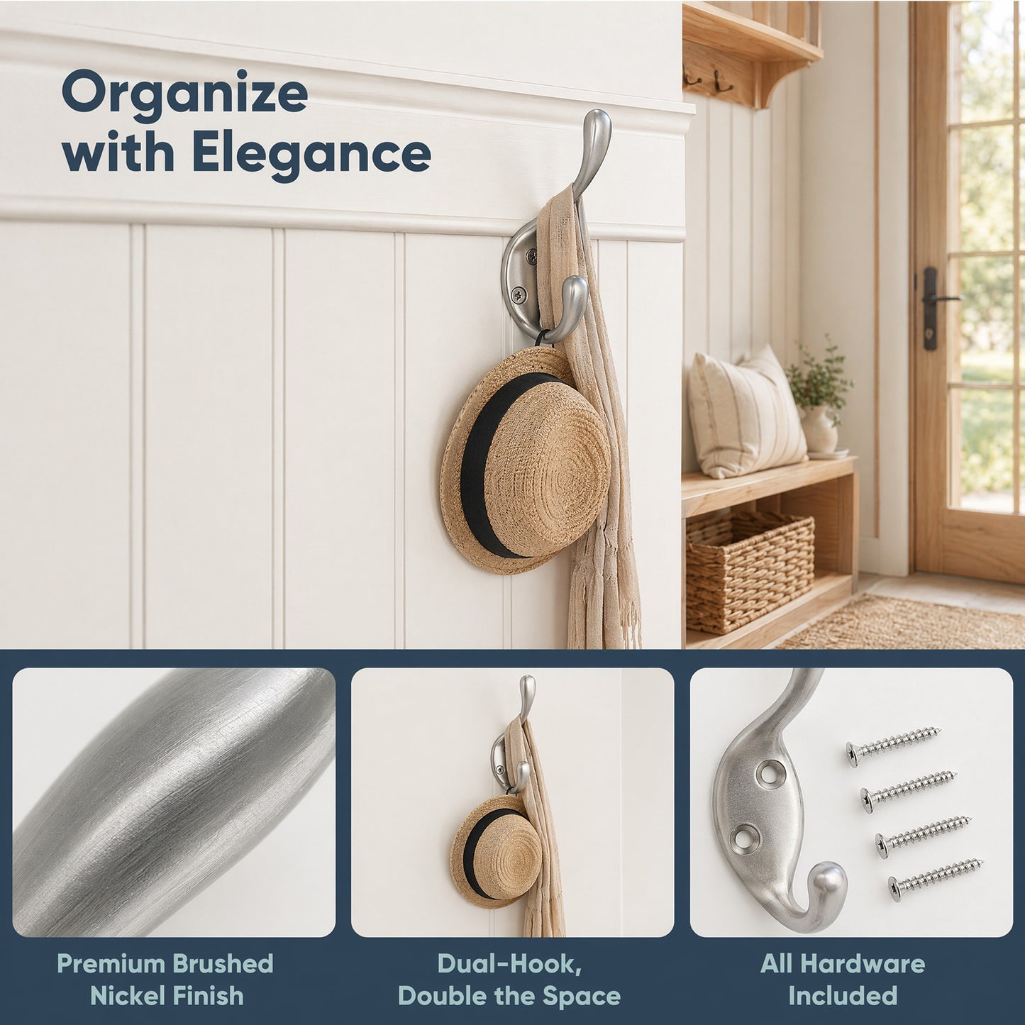 FESTIVITY LF6003BN-Brushed Nickel 5 Pack Premium Aluminum Alloy Coat Dual Hooks