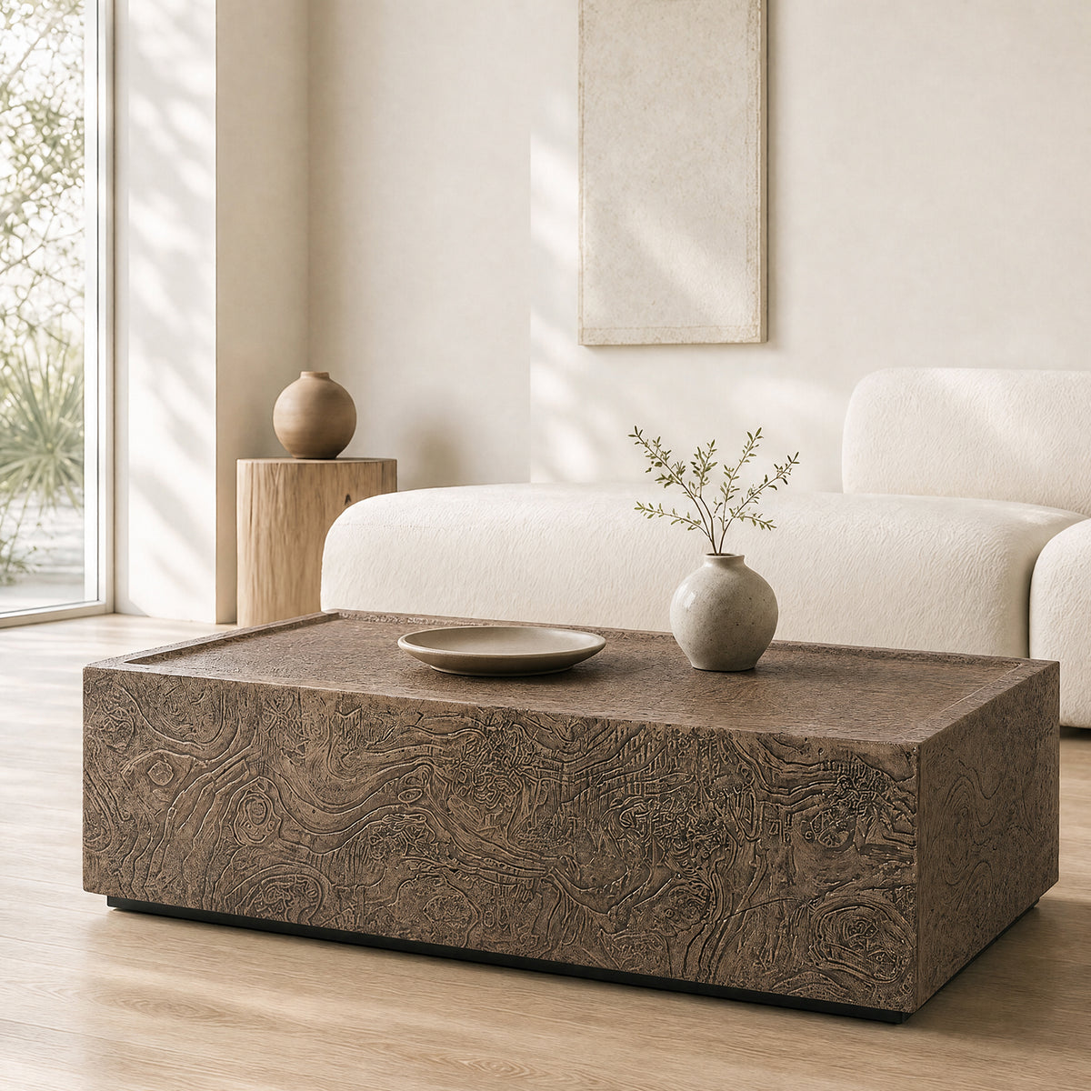 Festivo FCT26212 40" Rectangular MGO Coffee Table with a Natural Stone Burl-Look Finish-Warm Brown Burl