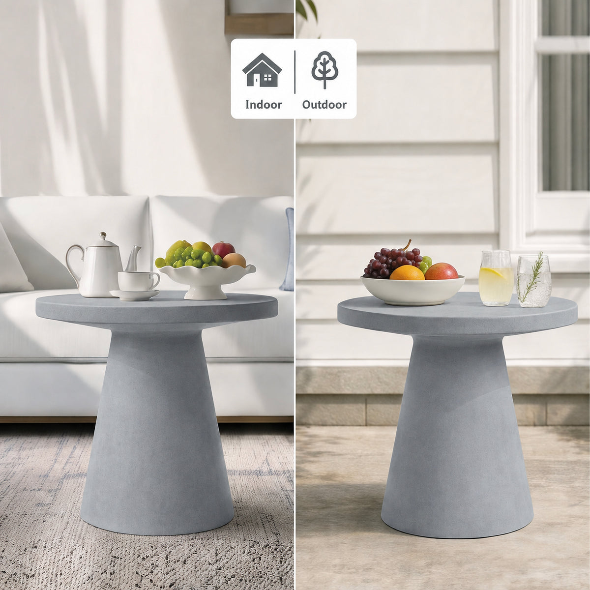 Festivo FST26151 22.83" Round Pedestal MGO Side/End Table with a Natural Stone-Look Finish-Cement Gray