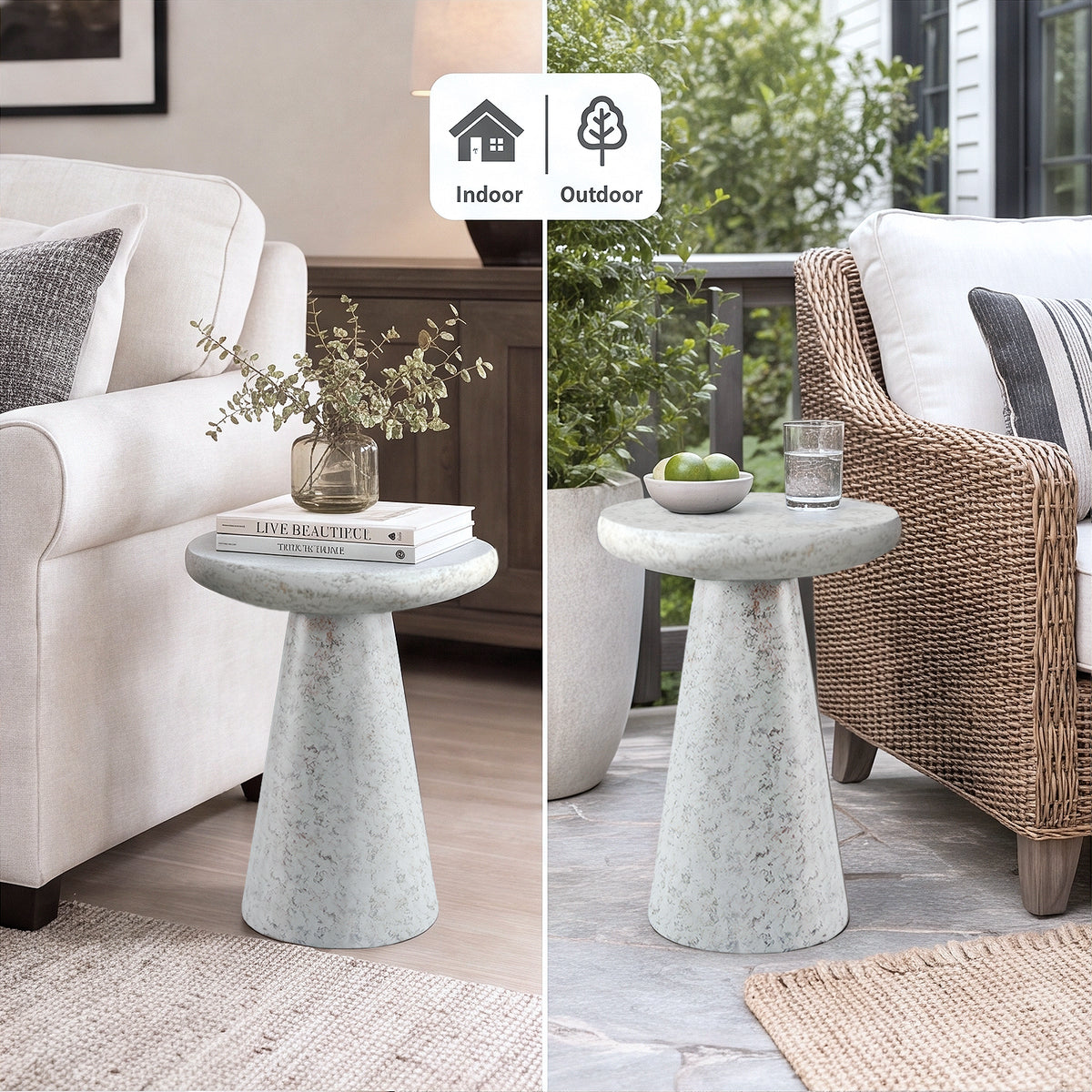 Festivo FST26162 16.14" Round Pedestal MGO Side/End Table with a Natural Stone-Look Finish-Cloud Ceramic White