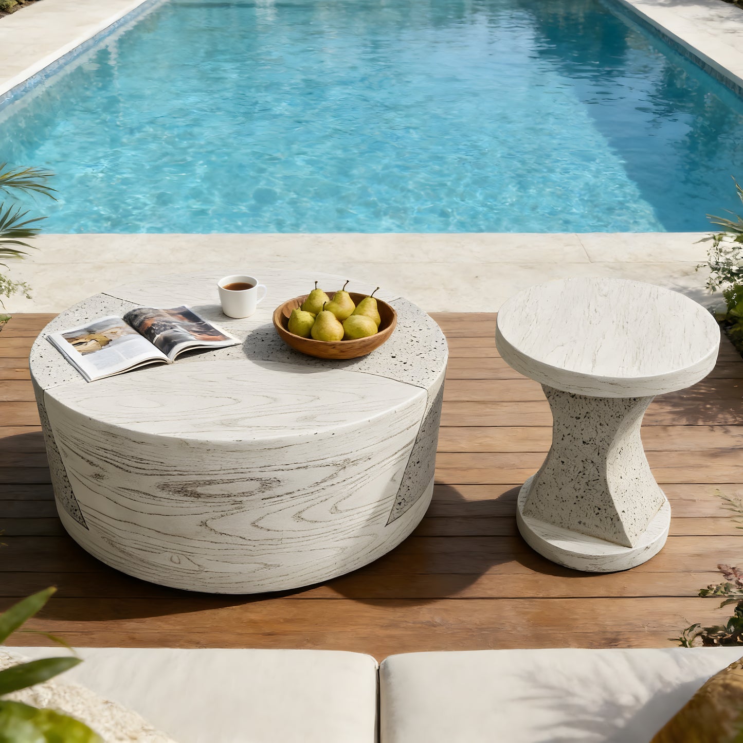 Festivo FST25131, FST25141 Round MGO Coffee & Side Table Set with a Natural Stone & Wood-Look Finish-Ivory Oak Travertine