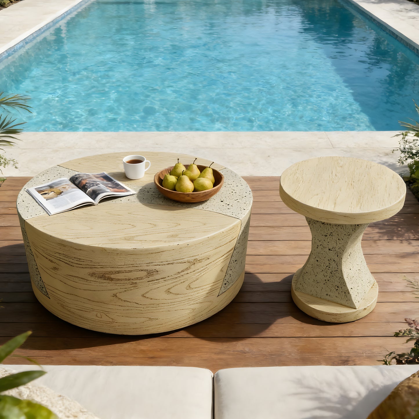 Festivo FST25132, FST25142 Round MGO Coffee & Side Table Set with a Natural Stone & Wood-Look Finish-Sahara Oak Travertine