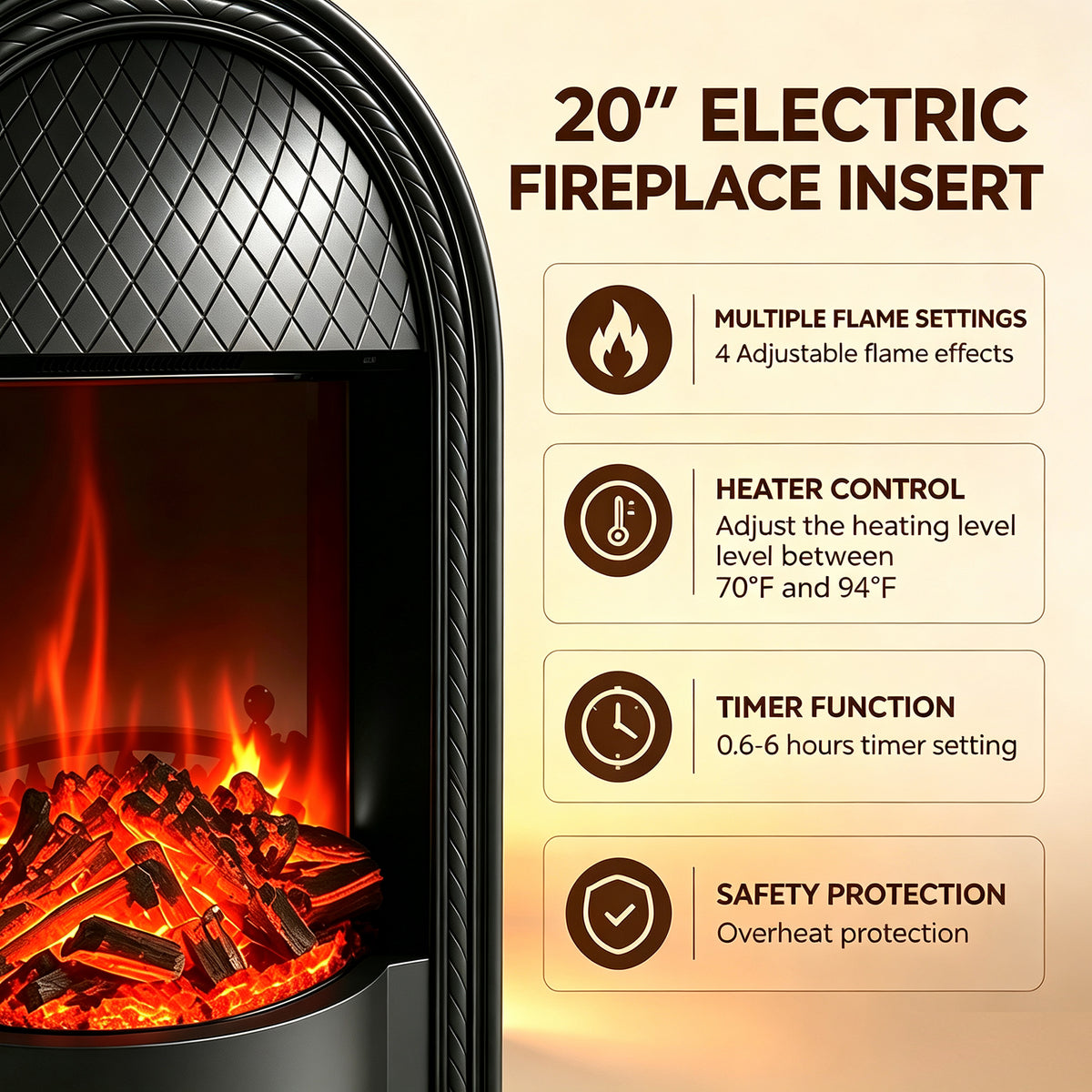 Festivo FFP26083 43.31" Stone Brick-Look MGO Electric Fireplace Mantel with 20" Arched Insert, Realistic Log & Flame Effect, Remote Control & Timer, Cream Beige
