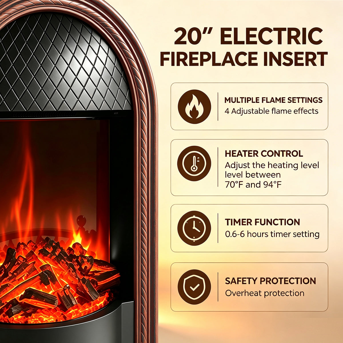 Festivo FFP26093 38.58" Stone Column MGO Electric Fireplace Mantel with 20" Black Arched Insert, Realistic Log & Flame Effect, Remote Control & Timer, Sage Green & Warm Oak