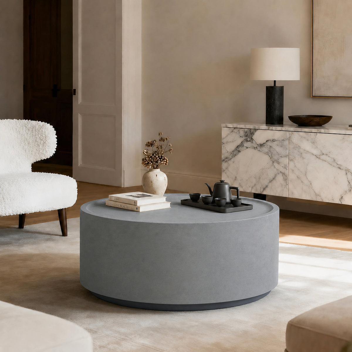 Festivo FCT26132 28" Round MGO Coffee Table with a Natural Stone-Look Finish-Cement Gray