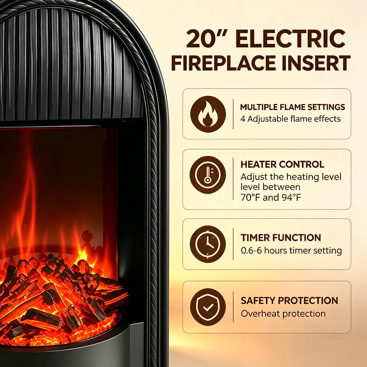 Festivo FFP26101 38.58" Stone Column MGO Electric Fireplace Mantel with 20" Black Arched Insert, Realistic Log & Flame Effect, Remote Control & Timer, White Oak