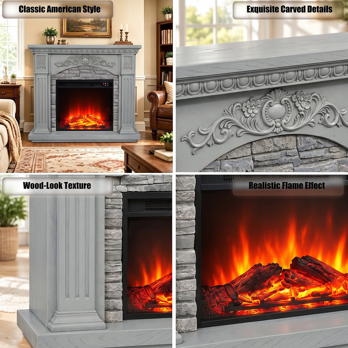 Festivo FFP26233 42.32" Vintage Carved-Look MGO Electric Fireplace Mantel with 23" Insert, Realistic Log & Flame Effect, Remote Control & Timer, Grey