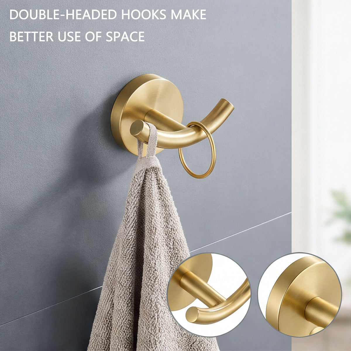 FESTIVO LF359 Brushed Golden Brass 4-Piece Bathroom Hardware Set, 18-Inch Towel Bar, Double Robe Hook, Toilet Paper Holder, Towel Ring, Wall-Mounted Bathroom Towel Rack Accessories Set